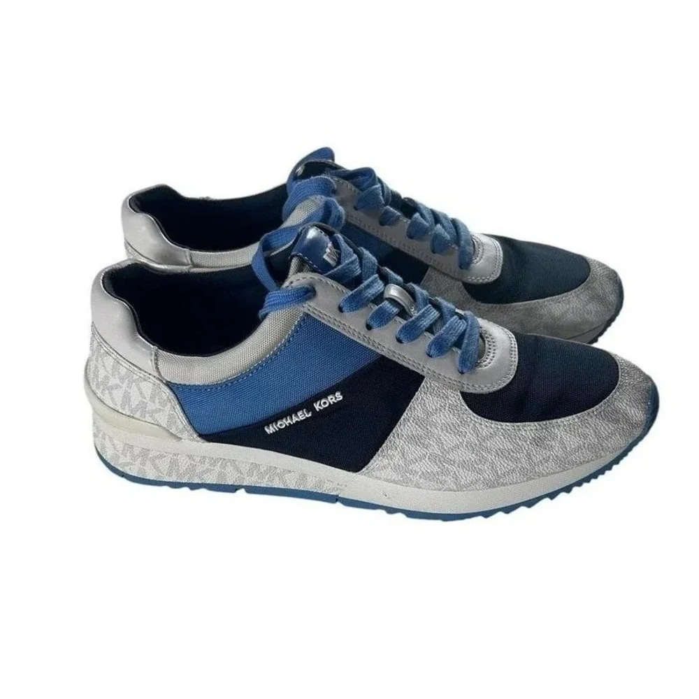Michael Kors Allie Trainer Sneakers Womens Size 9M Blue Silver MK‎ Logo Lace Up